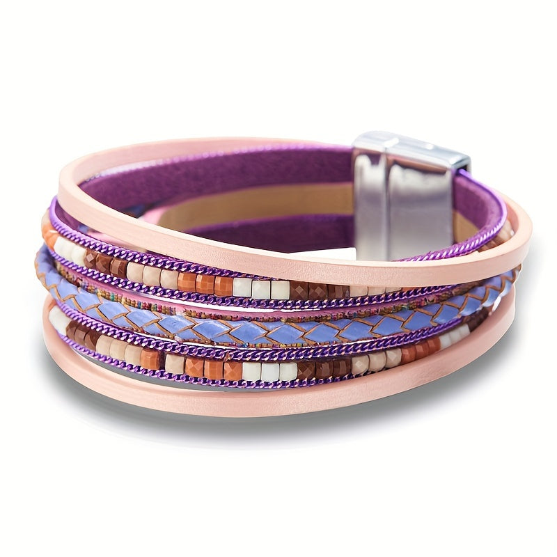 Magnetic Buckle-Multi Layers PU Leather Bracelet Boho Style Hand Jewelry Decoration