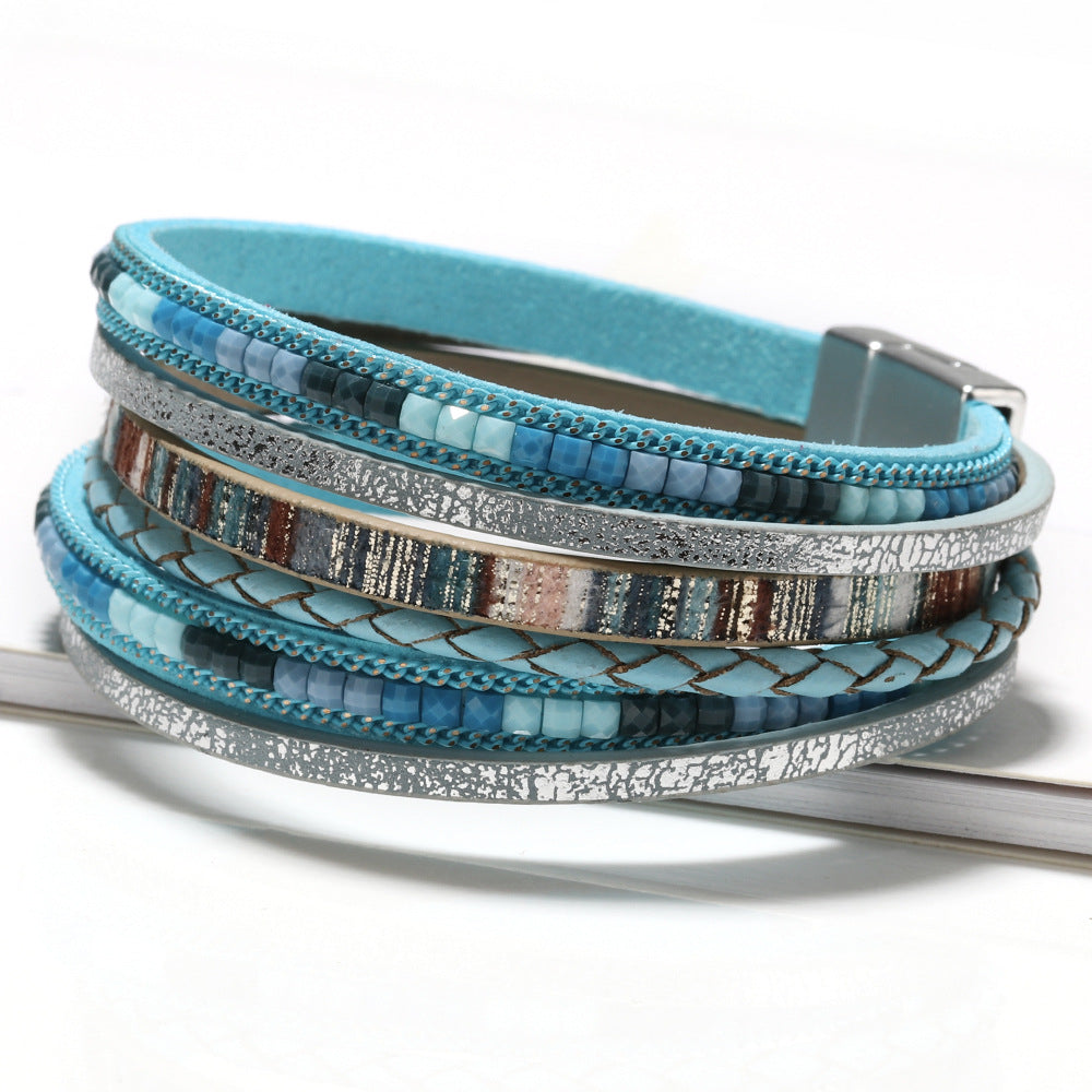 Magnetic Buckle-Multi Layers PU Leather Bracelet Boho Style Hand Jewelry Decoration