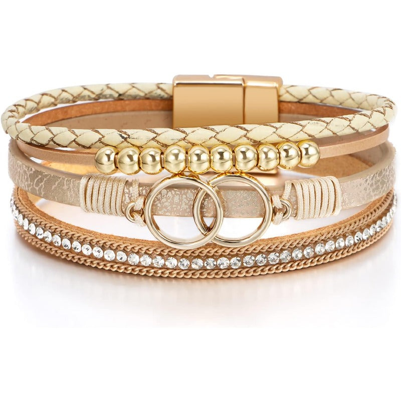 Boho Leather Wrap Multi-Layer Pearl Crystal Bracelet