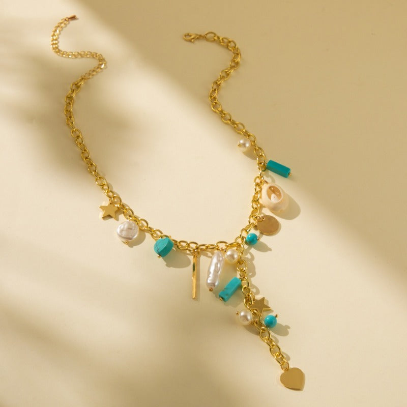 Natural Stone Shell Stitching Rice Bead Heart Pendant Necklace