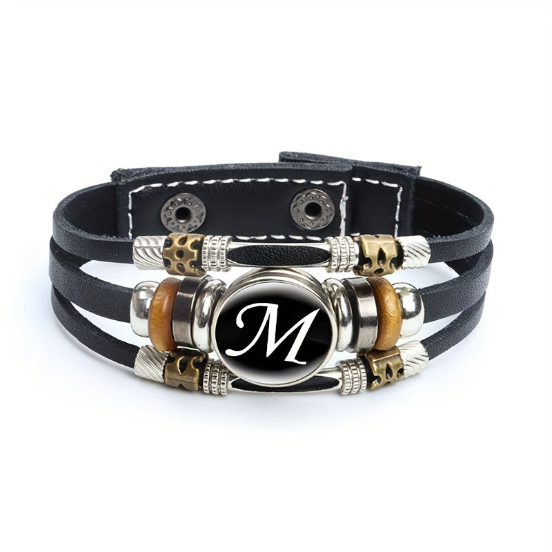 Artistic Letter A-Z Faux Leather Letters Glass Adjustable Bracelet