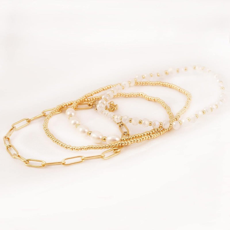 Dainty Gold Pearl Crystal Beaded Bracelets Set