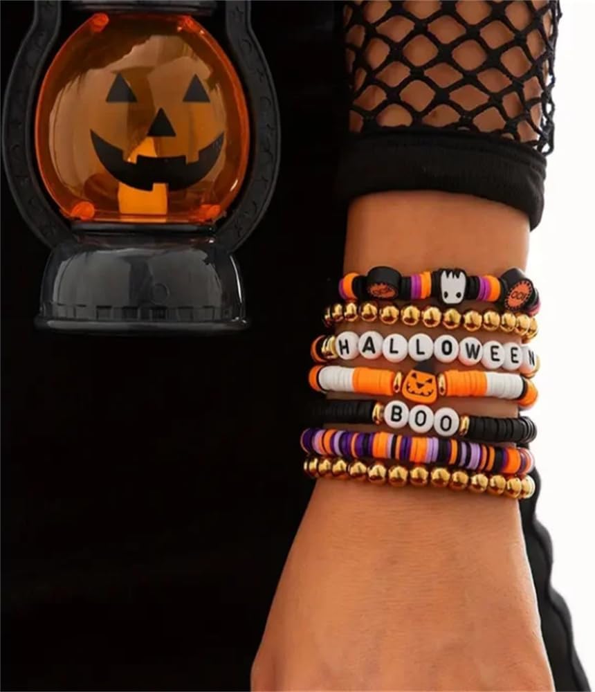 7pcs/Set New Halloween Themed Party Spooky Retro Pumpkin Polymer Clay Beaded Bracelet Set