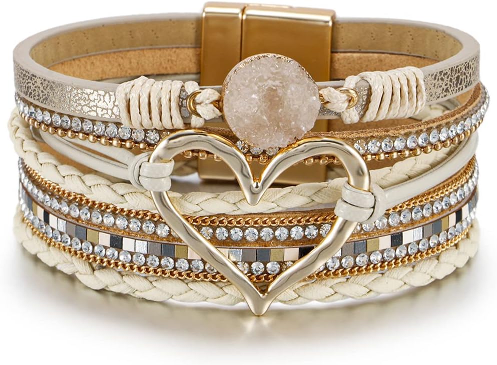 Boho Leather Wrap Multi-Layer Pearl Crystal Bracelet
