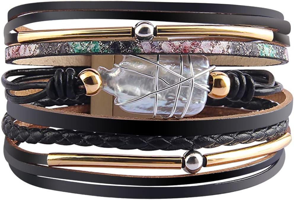 Boho Leather Wrap Multi-Layer Pearl Crystal Bracelet