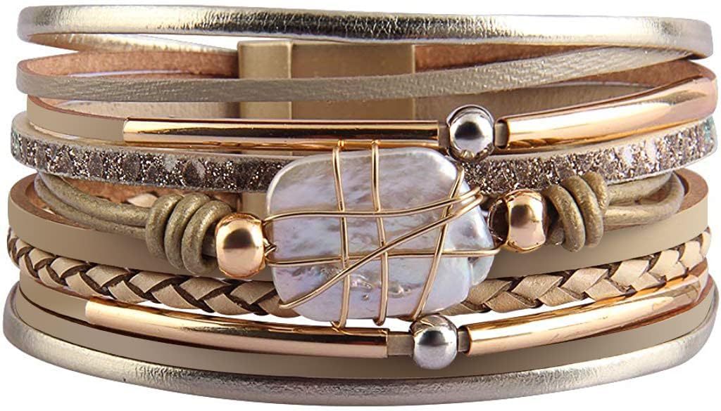 Boho Leather Wrap Multi-Layer Pearl Crystal Bracelet