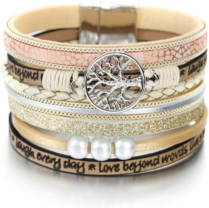 Boho Leather Wrap Multi-Layer Pearl Crystal Bracelet