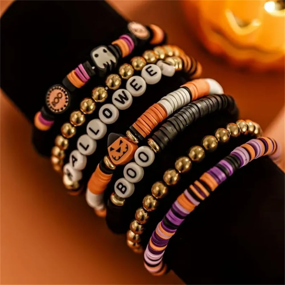 7pcs/Set New Halloween Themed Party Spooky Retro Pumpkin Polymer Clay Beaded Bracelet Set