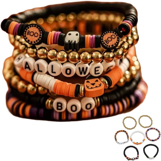 7pcs/Set New Halloween Themed Party Spooky Retro Pumpkin Polymer Clay Beaded Bracelet Set