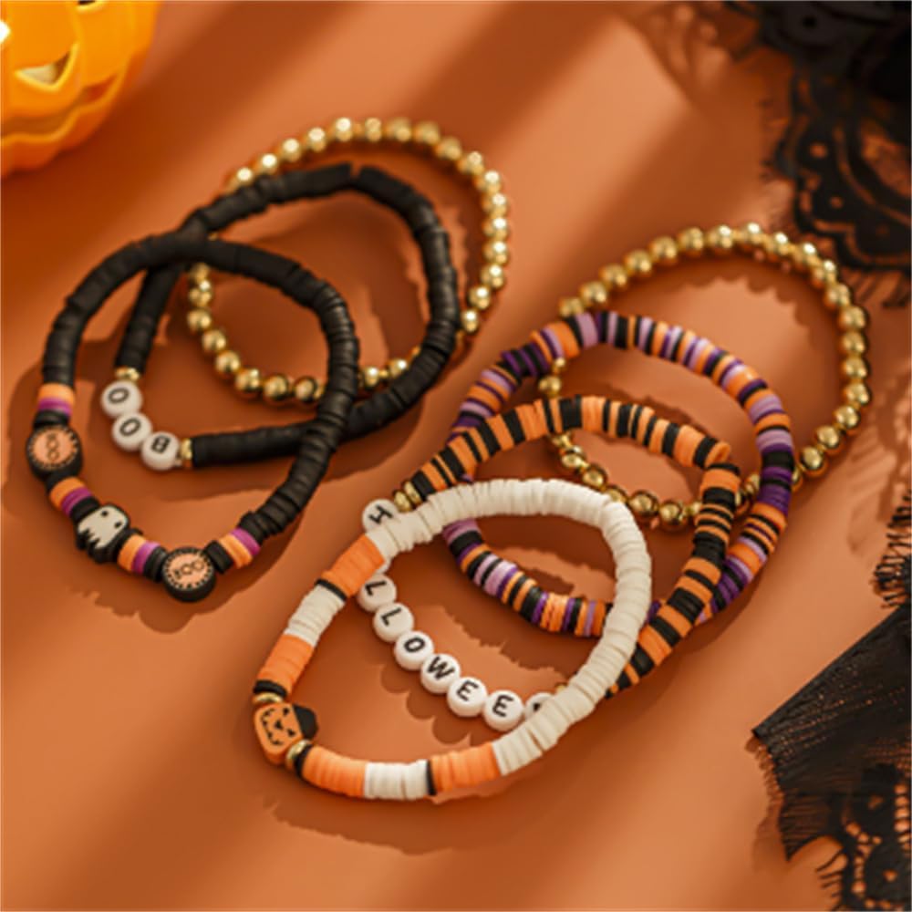 7pcs/Set New Halloween Themed Party Spooky Retro Pumpkin Polymer Clay Beaded Bracelet Set