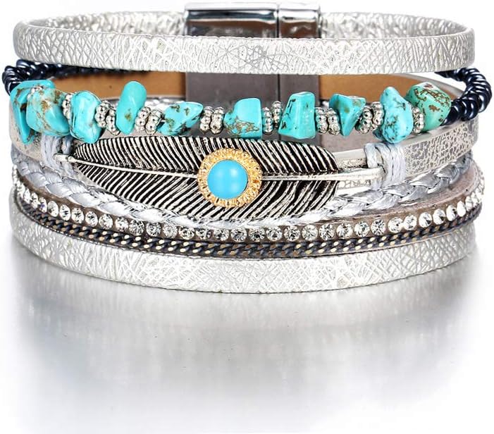 Boho Leather Wrap Multi-Layer Pearl Crystal Bracelet