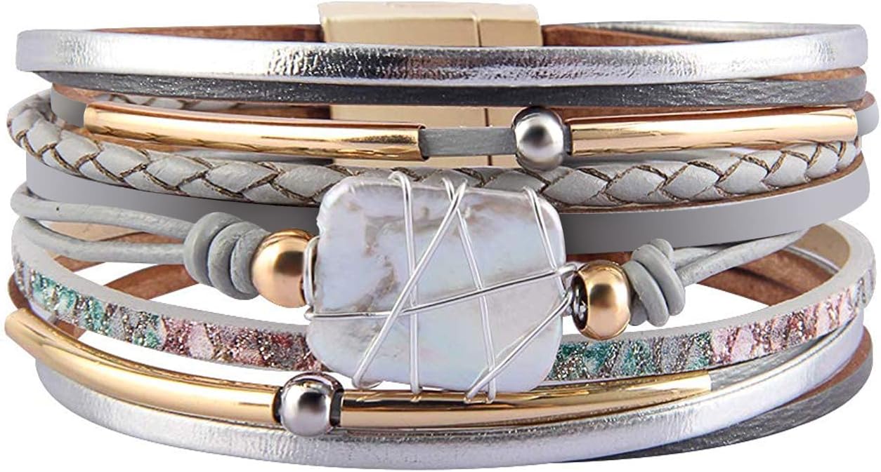 Boho Leather Wrap Multi-Layer Pearl Crystal Bracelet