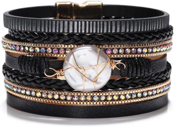Boho Leather Wrap Multi-Layer Pearl Crystal Bracelet