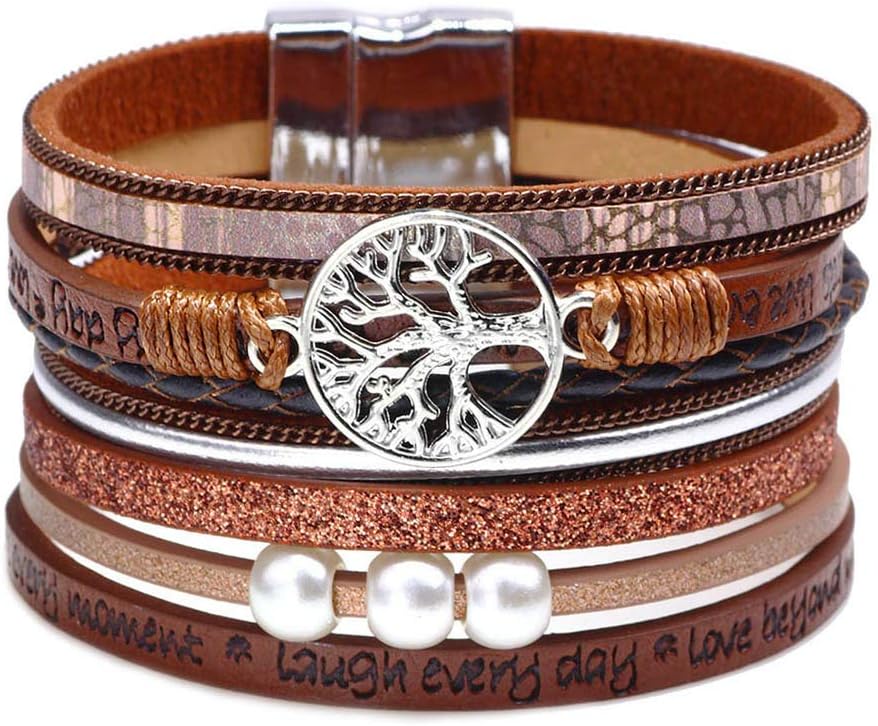 Boho Leather Wrap Multi-Layer Pearl Crystal Bracelet