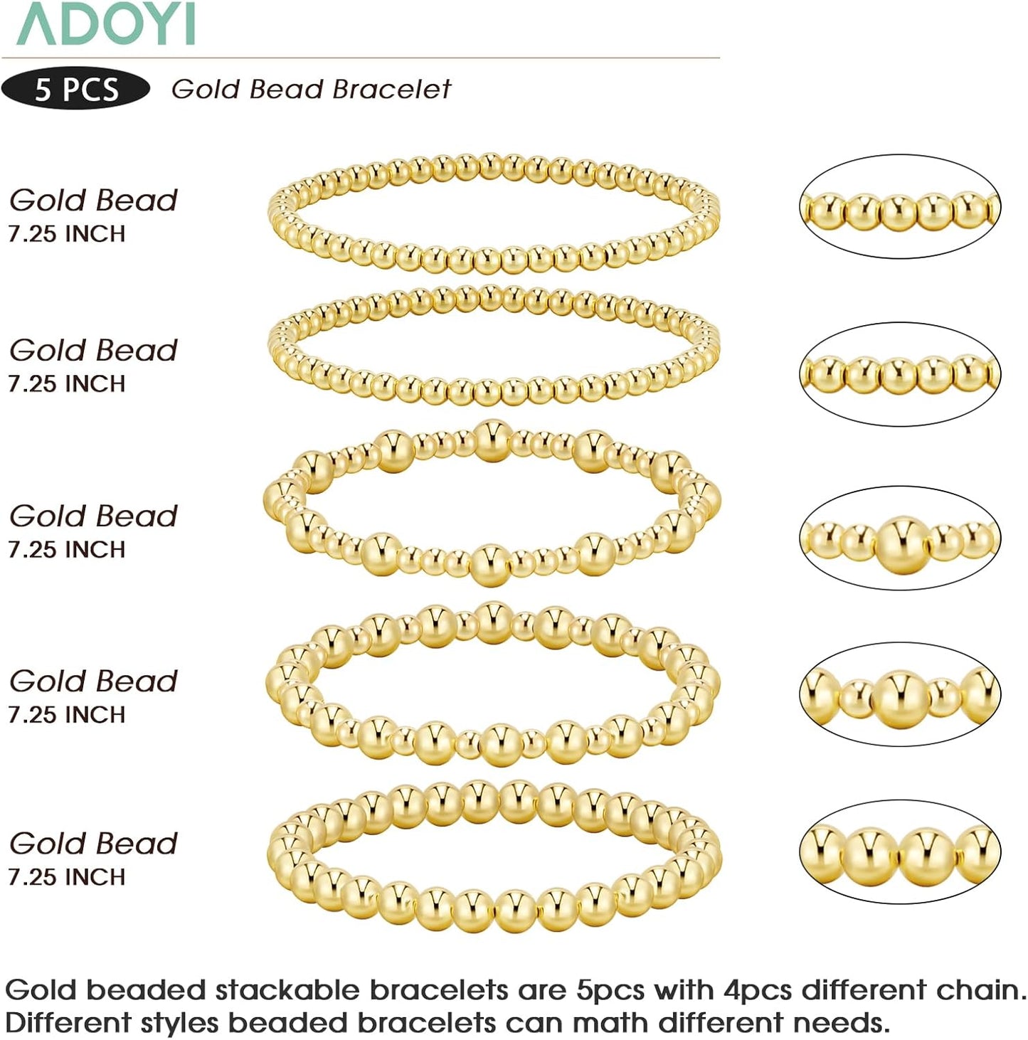 14K Gold Plated Beaded Strand Bead Ball Bracelets Adjustable Jewelry Set