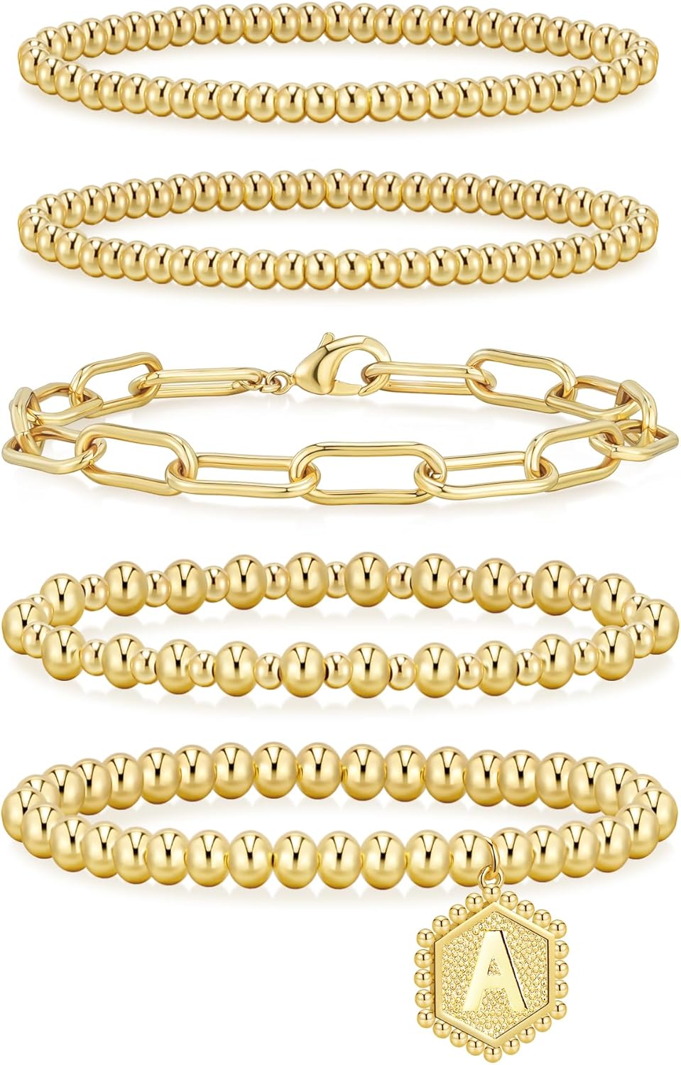14K Gold Plated Beaded Strand Bead Ball Bracelets Adjustable Jewelry Set