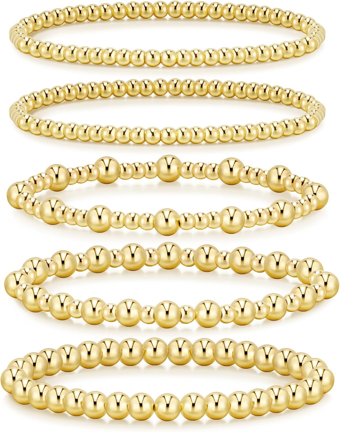 14K Gold Plated Beaded Strand Bead Ball Bracelets Adjustable Jewelry Set