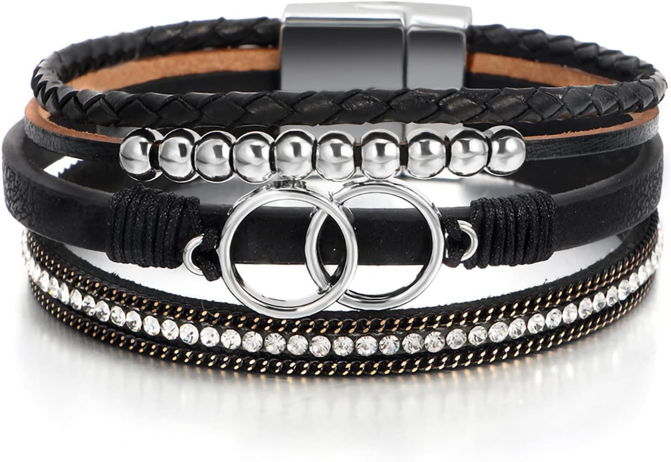 Boho Leather Wrap Multi-Layer Pearl Crystal Bracelet