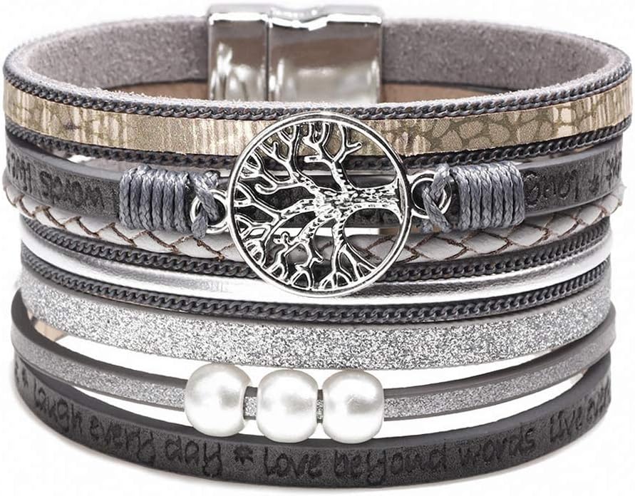 Boho Leather Wrap Multi-Layer Pearl Crystal Bracelet