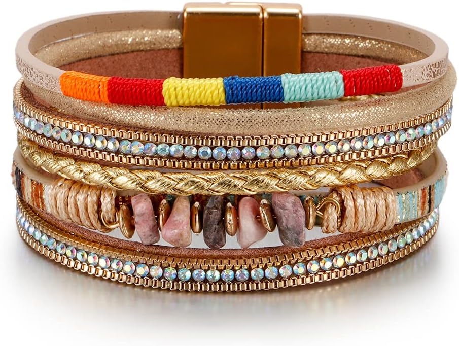 Boho Leather Wrap Multi-Layer Pearl Crystal Bracelet