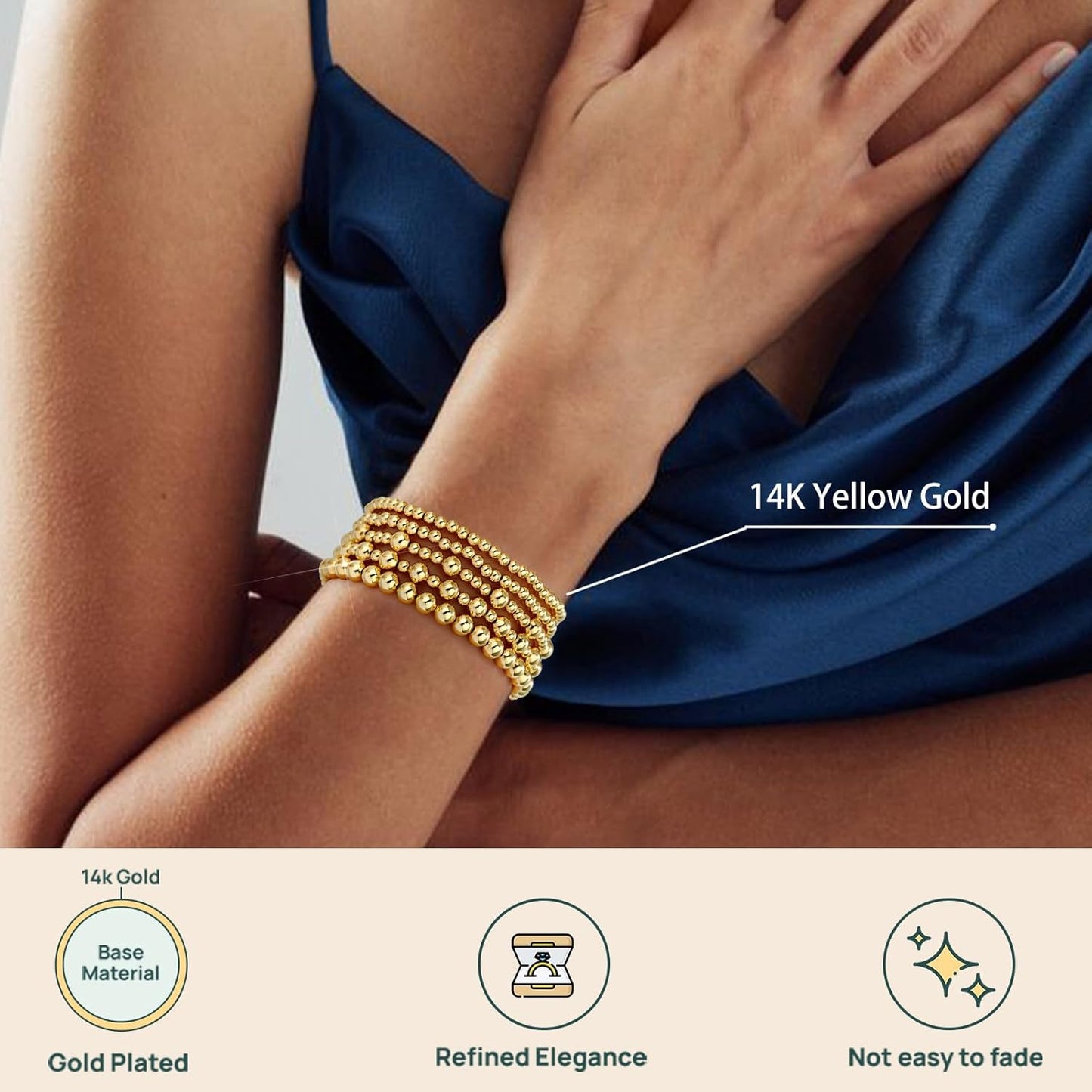 14K Gold Plated Beaded Strand Bead Ball Bracelets Adjustable Jewelry Set