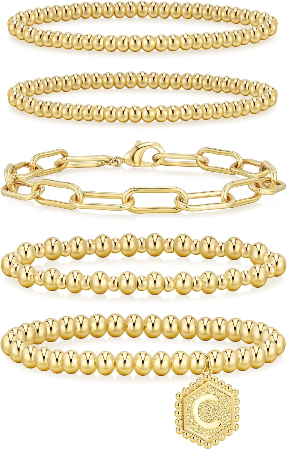 14K Gold Plated Beaded Strand Bead Ball Bracelets Adjustable Jewelry Set
