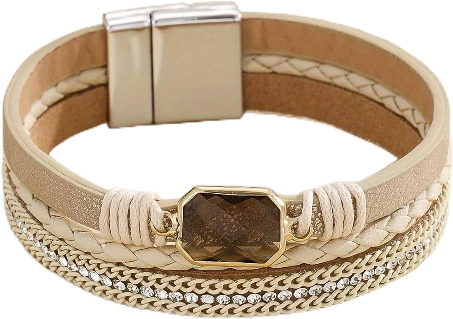 Boho Leather Wrap Multi-Layer Pearl Crystal Bracelet