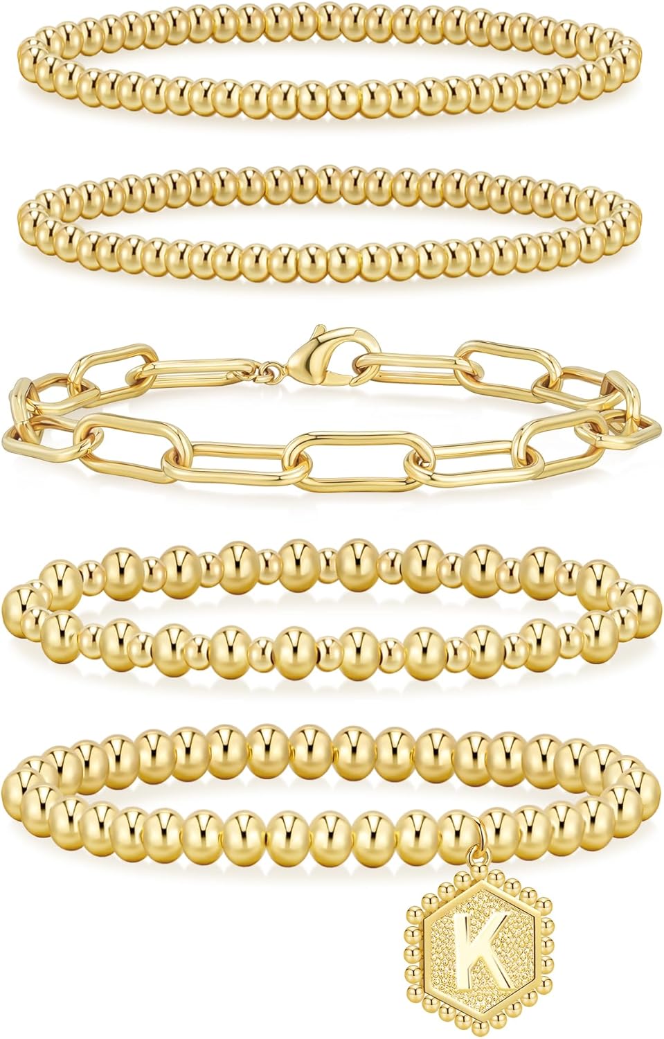 14K Gold Plated Beaded Strand Bead Ball Bracelets Adjustable Jewelry Set