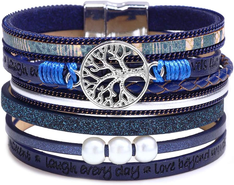 Boho Leather Wrap Multi-Layer Pearl Crystal Bracelet
