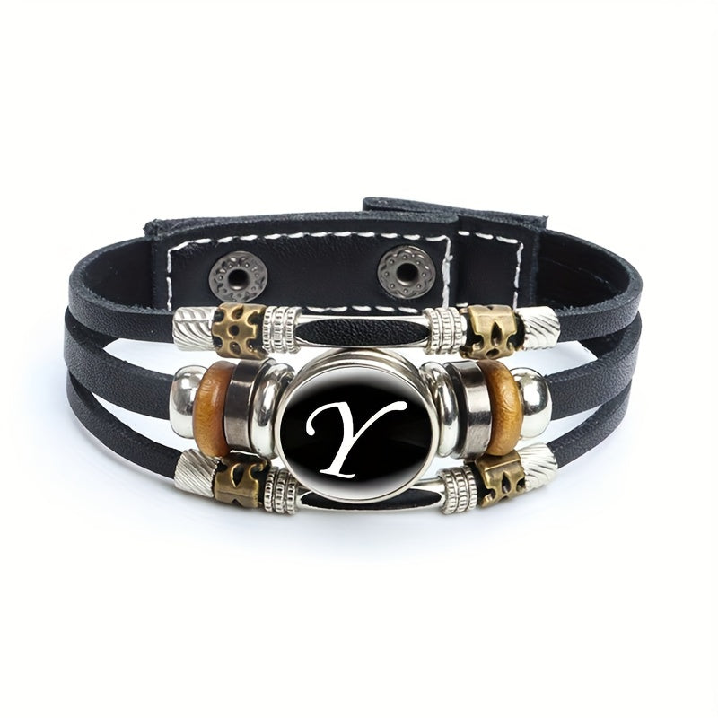 Artistic Letter A-Z Faux Leather Letters Glass Adjustable Bracelet