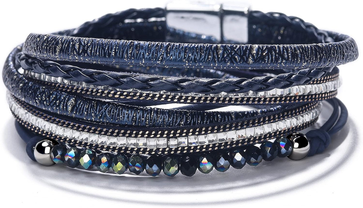 Boho Leather Wrap Multi-Layer Pearl Crystal Bracelet