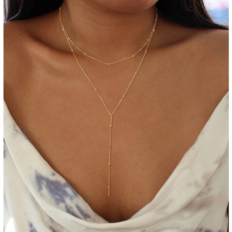Y-Shaped Pendant Trendy Layered Beaded Chain Drop Necklaces
