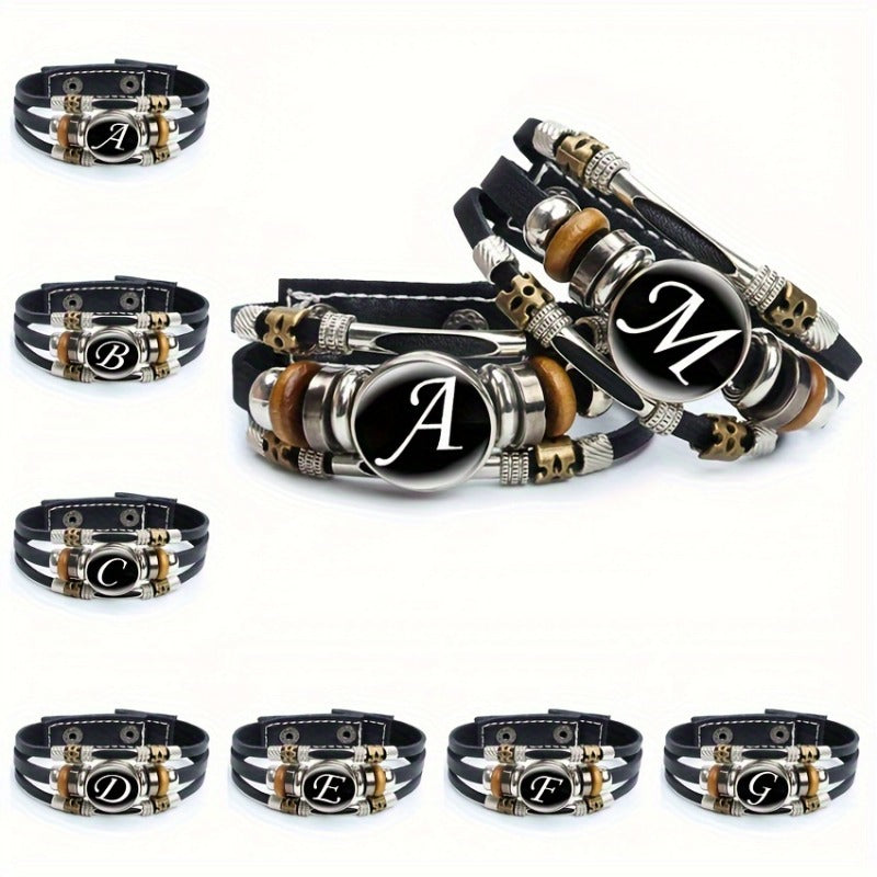Artistic Letter A-Z Faux Leather Letters Glass Adjustable Bracelet