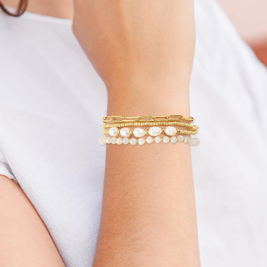 Dainty Gold Pearl Crystal Beaded Bracelets Set