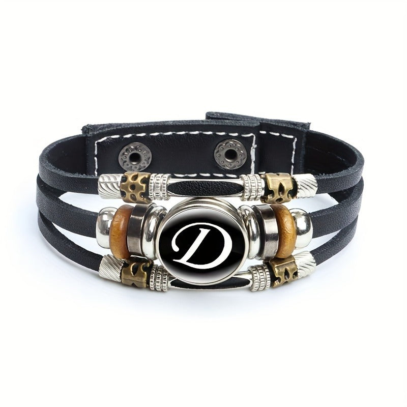 Artistic Letter A-Z Faux Leather Letters Glass Adjustable Bracelet