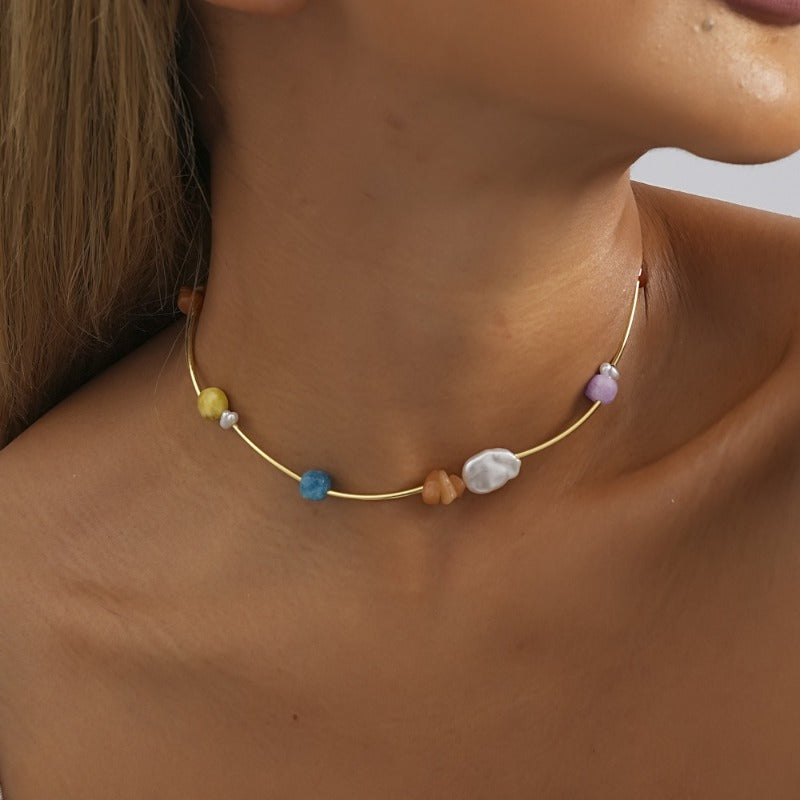 Natural Stone Shell Stitching Rice Bead Heart Pendant Necklace