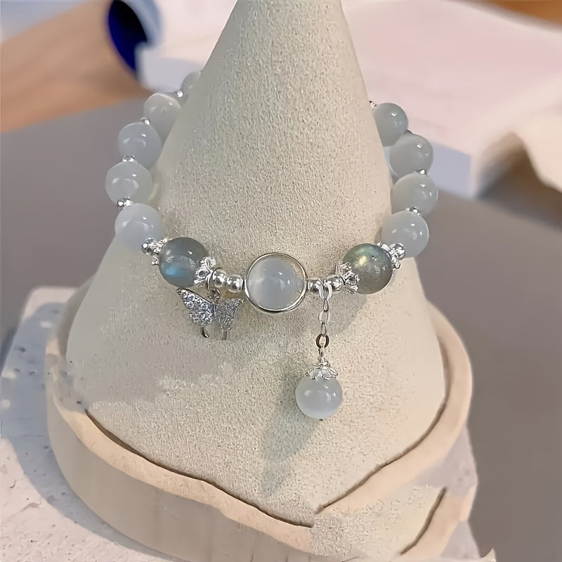 Moonstone Butterfly Charm Elegant Crystal Bead Bracelet
