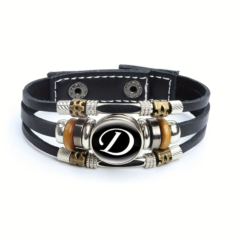 Artistic Letter A-Z Faux Leather Letters Glass Adjustable Bracelet