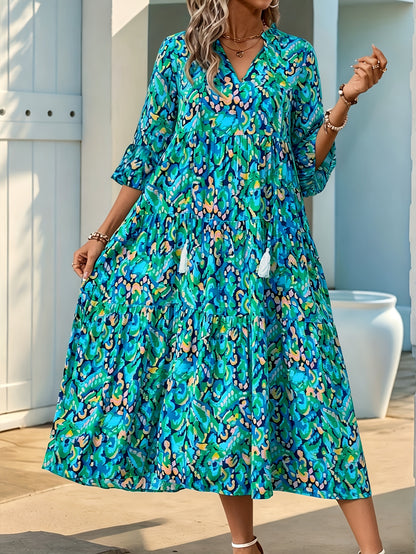 Three-Quarter Sleeve Fringe Tie-Up Print Dress