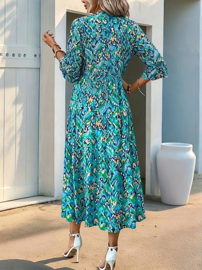 Three-Quarter Sleeve Fringe Tie-Up Print Dress