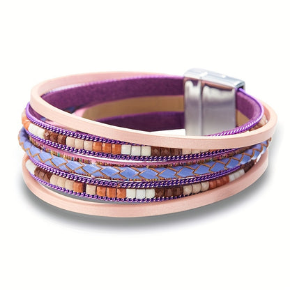 Magnetic Buckle-Multi Layers PU Leather Bracelet Boho Style Hand Jewelry Decoration