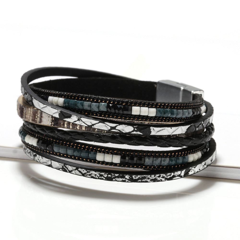 Magnetic Buckle-Multi Layers PU Leather Bracelet Boho Style Hand Jewelry Decoration
