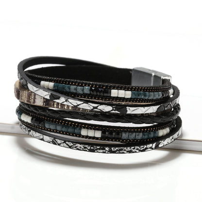 Magnetic Buckle-Multi Layers PU Leather Bracelet Boho Style Hand Jewelry Decoration