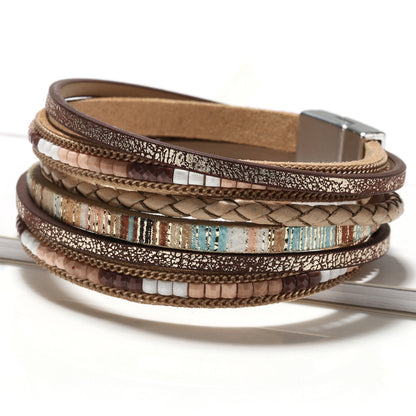 Magnetic Buckle-Multi Layers PU Leather Bracelet Boho Style Hand Jewelry Decoration