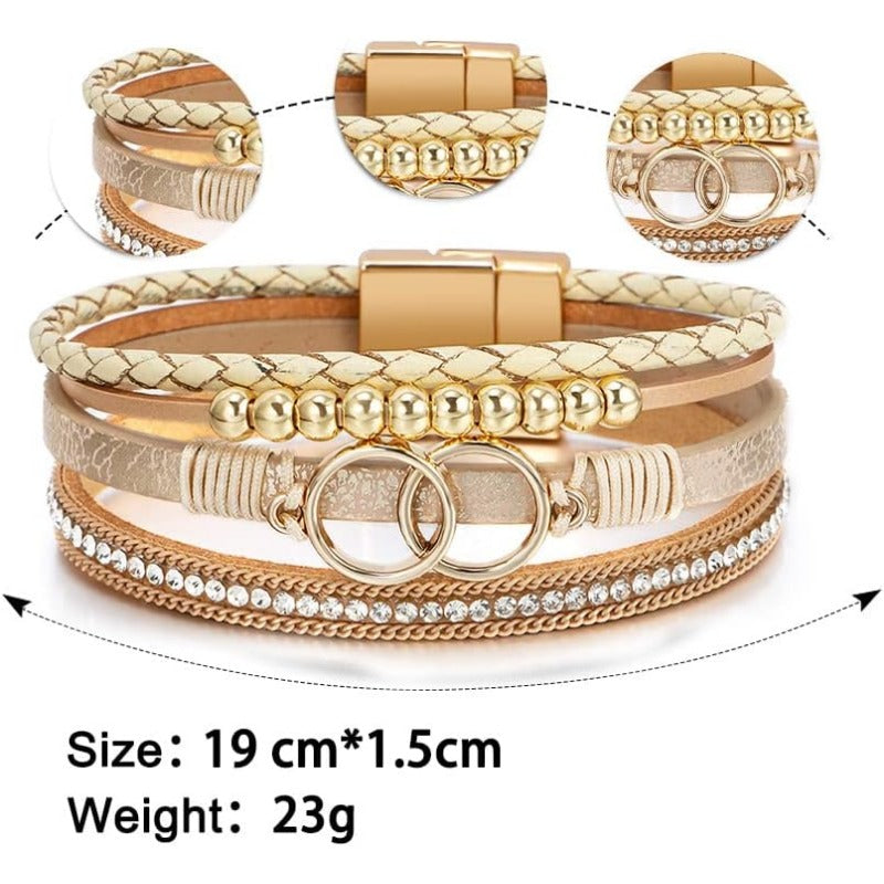 Boho Leather Wrap Multi-Layer Pearl Crystal Bracelet