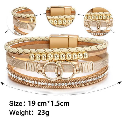 Boho Leather Wrap Multi-Layer Pearl Crystal Bracelet