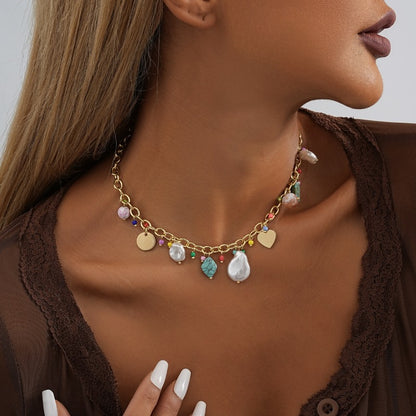 Natural Stone Shell Stitching Rice Bead Heart Pendant Necklace