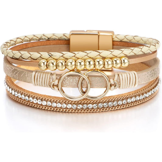 Boho Leather Wrap Multi-Layer Pearl Crystal Bracelet