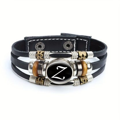 Artistic Letter A-Z Faux Leather Letters Glass Adjustable Bracelet