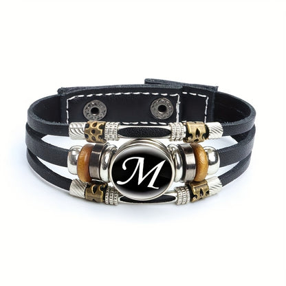 Artistic Letter A-Z Faux Leather Letters Glass Adjustable Bracelet